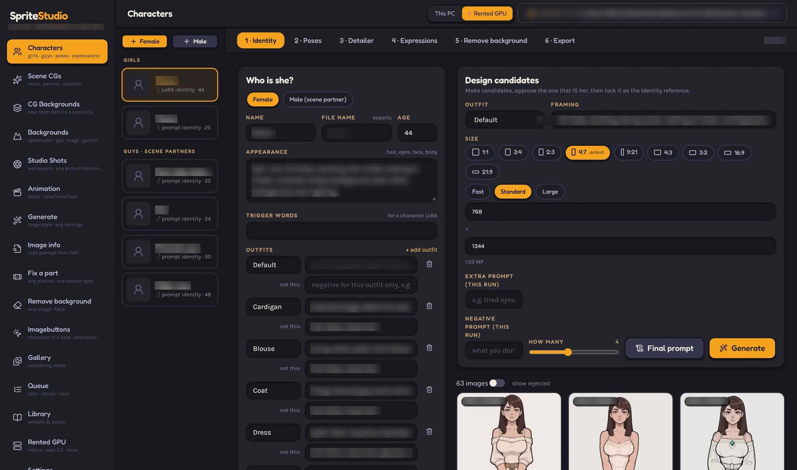 Sprite Studio's Characters screen: identity candidates for a character, with outfit, framing and prompt controls.