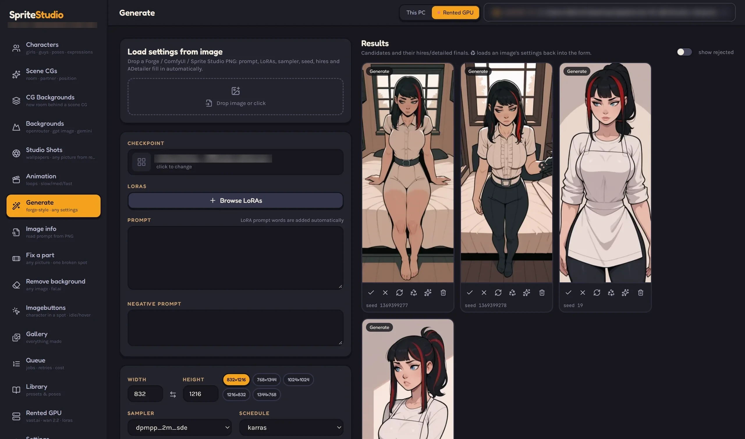 Sprite Studio Generate screen: checkpoint, LoRA, sampler and size controls