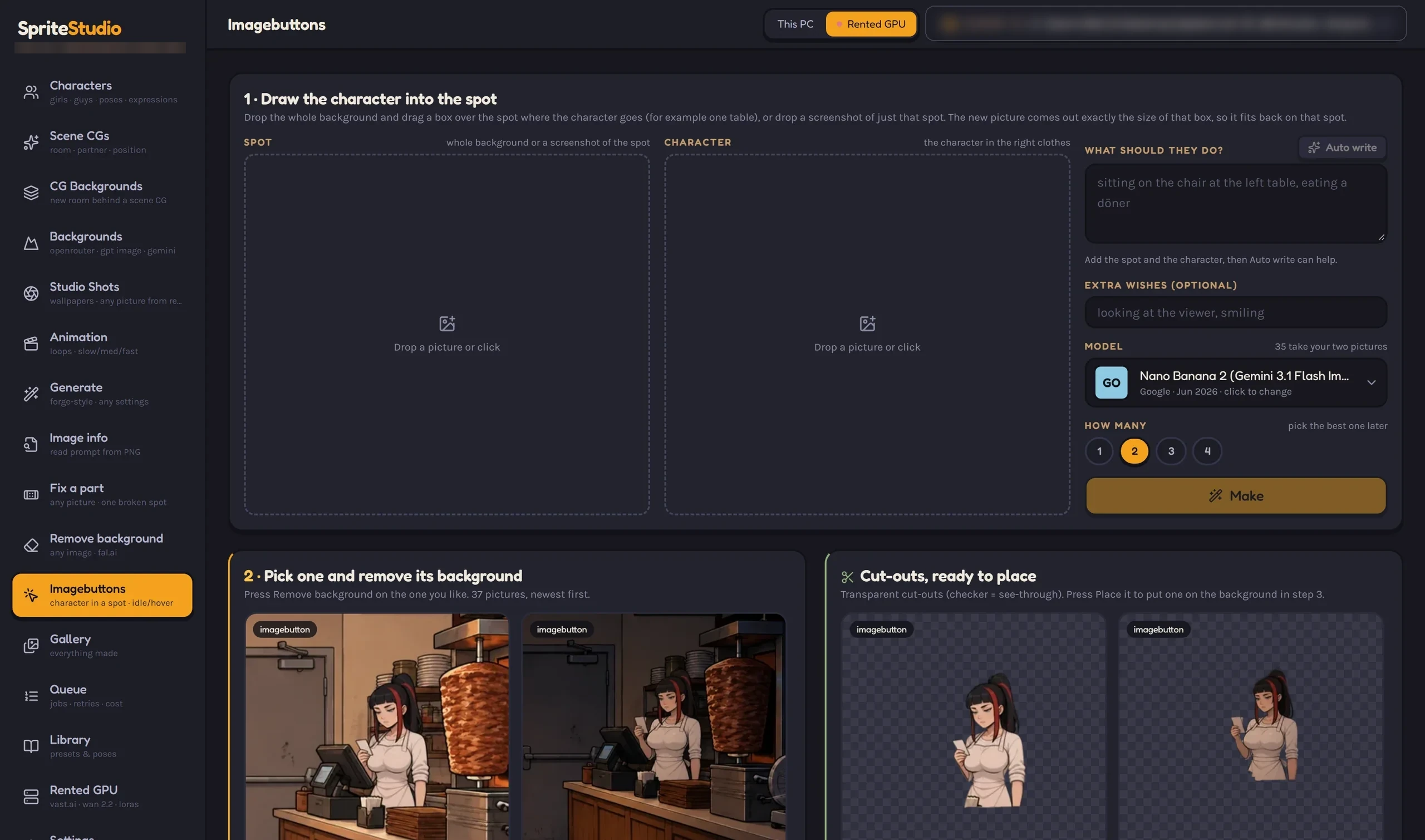 The Imagebuttons screen placing a character into a selected spot on a background.