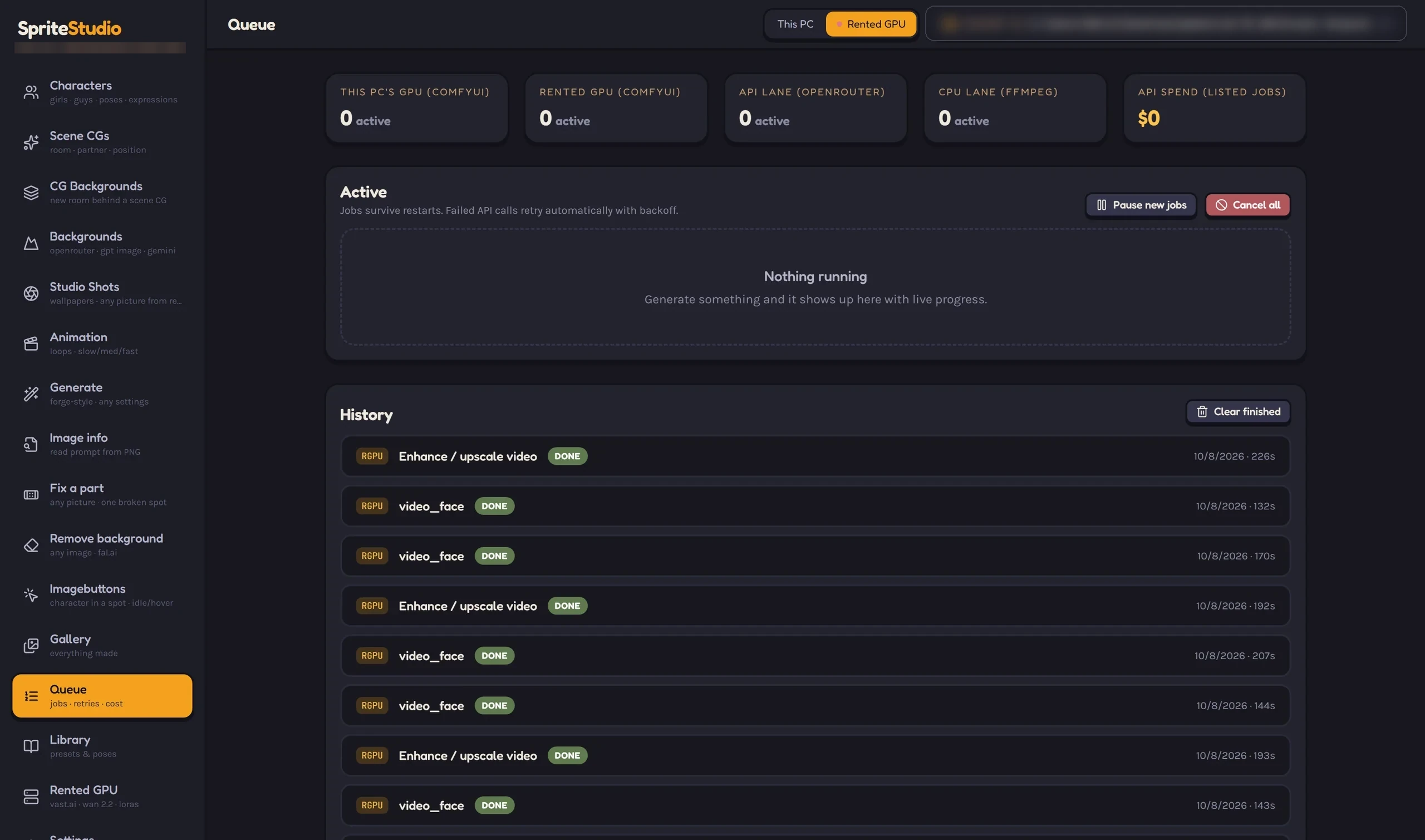 The Queue screen listing jobs, their lanes and their cost.