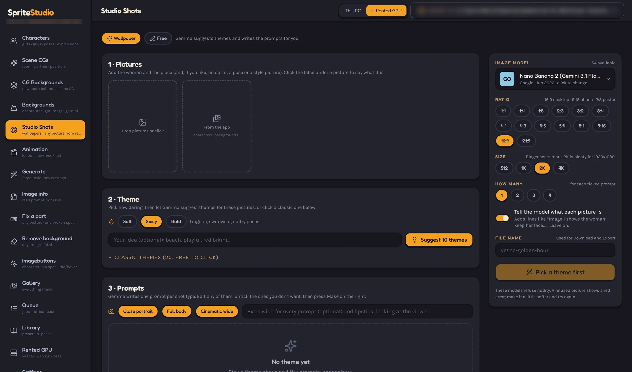 Sprite Studio Studio Shots screen: theme ideas and shot settings for a wallpaper